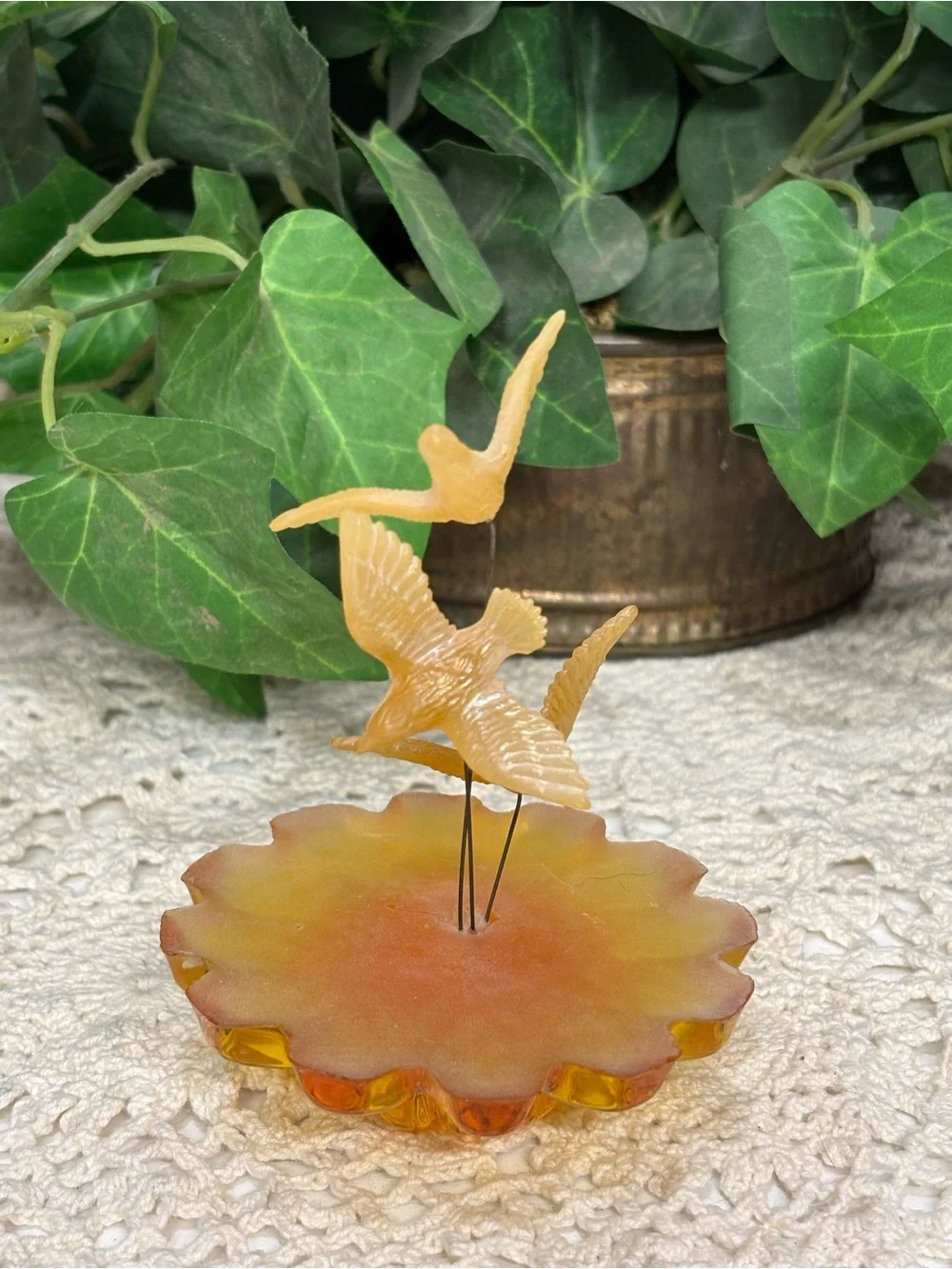 Amber Yellow Glass Bird Figurine Frosted Flower Base 3D Effect